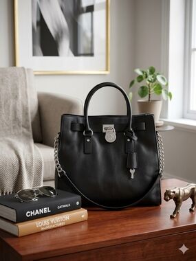 Authentic Michael Kors Hamilton Large Black Leather Tote Satchel Bag Silver Lock